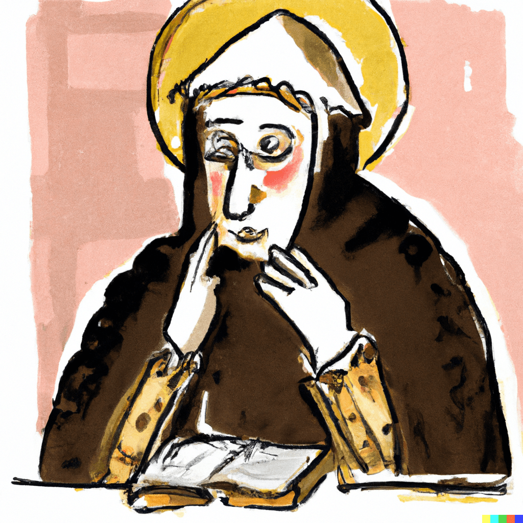 Cartoon image of Saint Dunstan reading a book